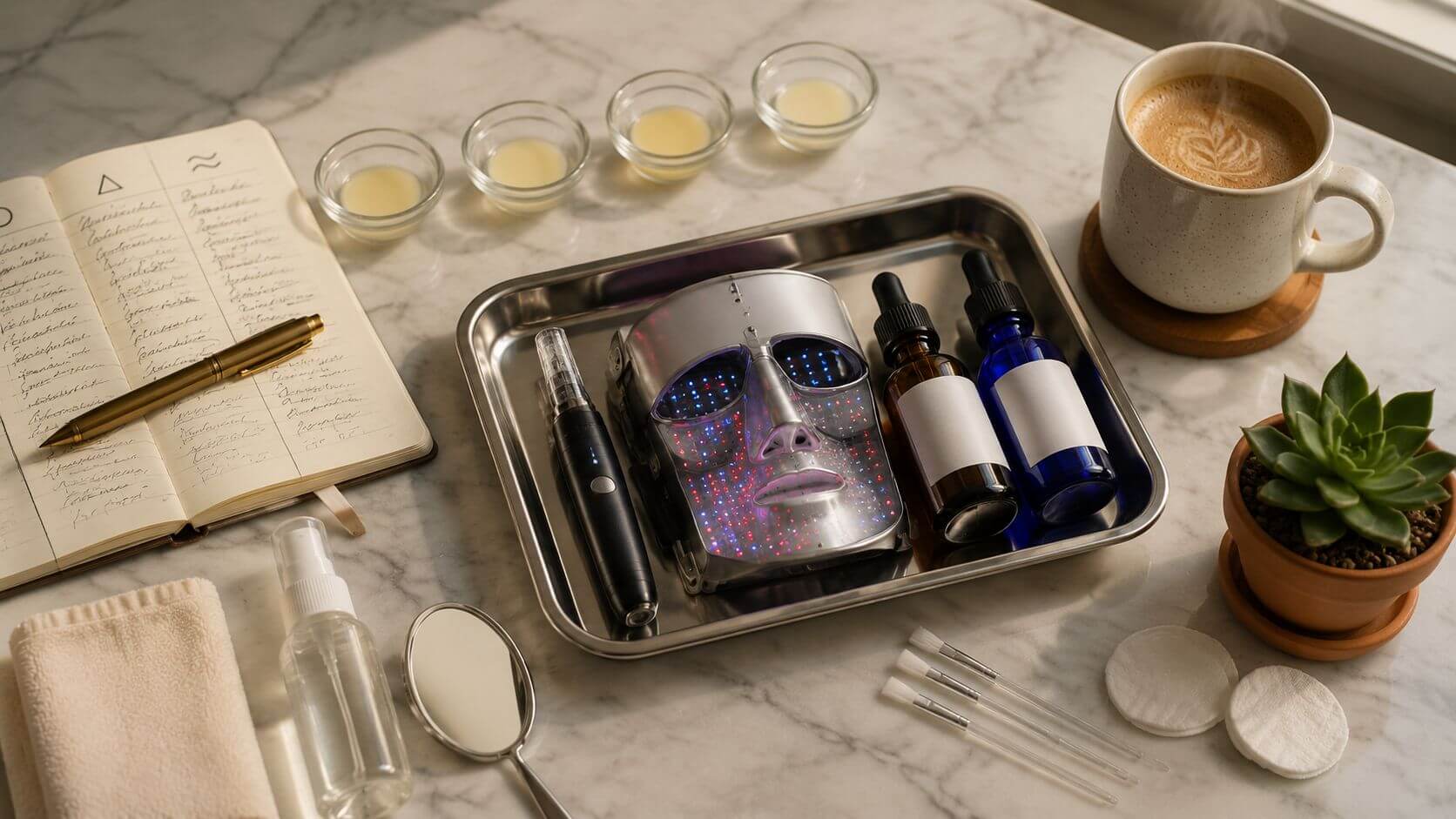 Acne-behandelplek met microneedling-pen, LED-light-mask en serum-flesjes op een instrumententafel