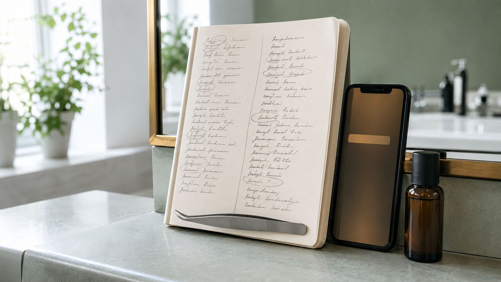 Close-up van een handgeschreven lijstje behandelnamen met uitspraakvarianten ernaast, op een notitieblok naast een gellak-flesje en een kaartje op een lichte salonbalie