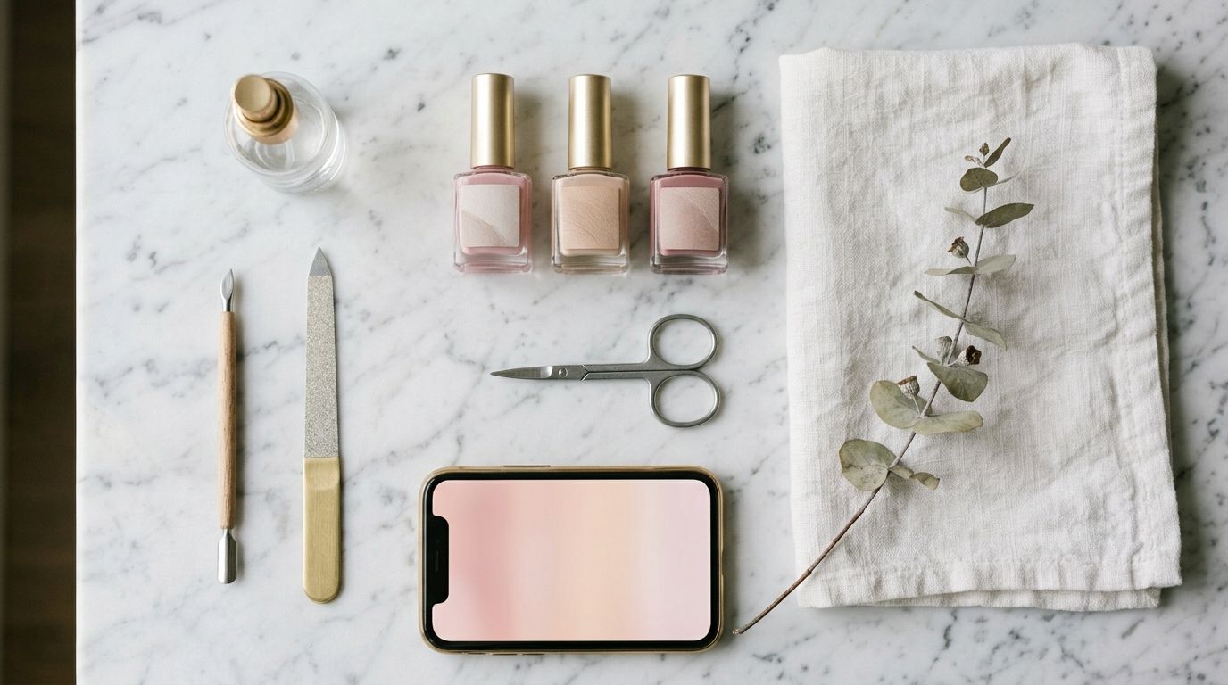 Schoonheidssalon close-up manicure tools, polish botteltjes en warme werkplaats licht