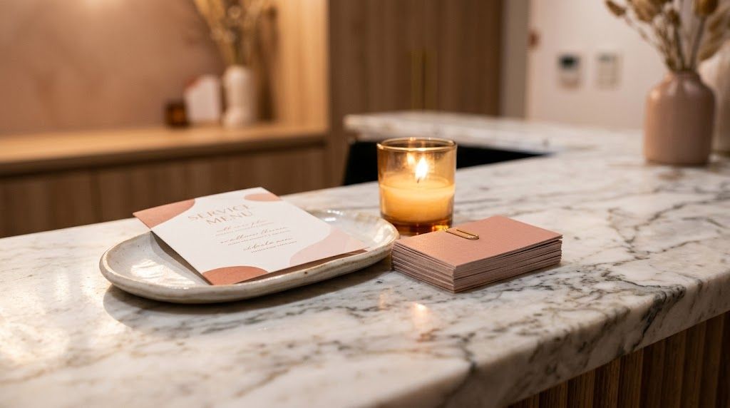 Salon-receptie met consistente branding op visitekaart producten en spiegel