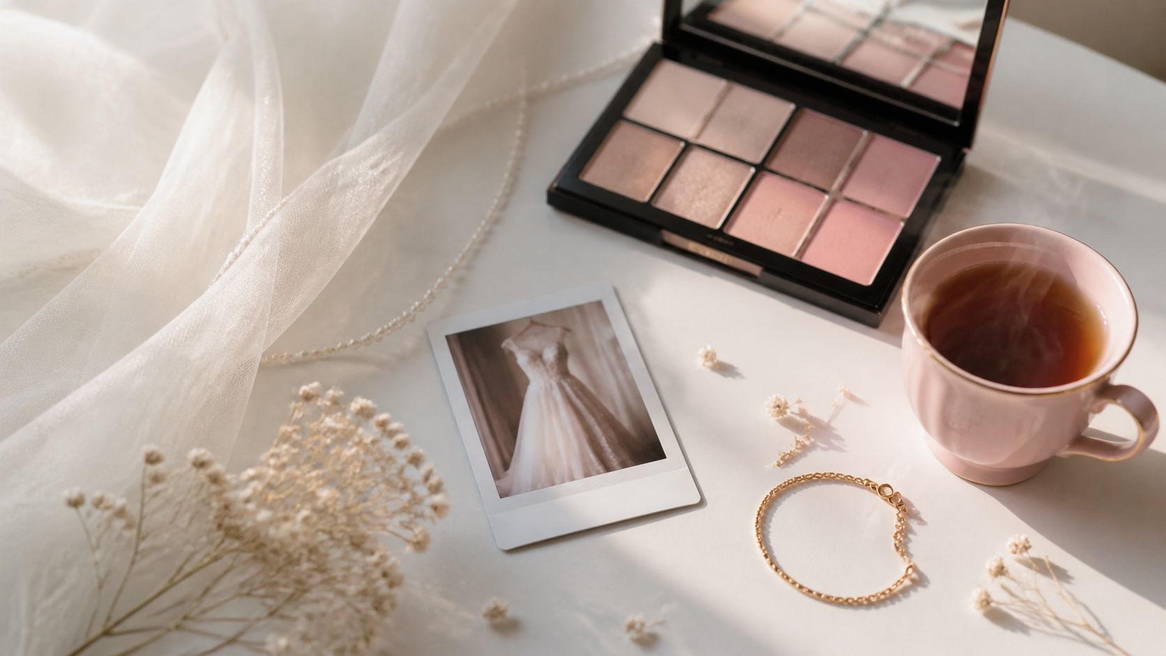 Een tafel in een Nederlandse beautysalon met een wit silken bruidssluier, opengeklapte make-up palet, een trouwjurk-shoot polaroid en een zacht roze theekop in zachte ochtendzon