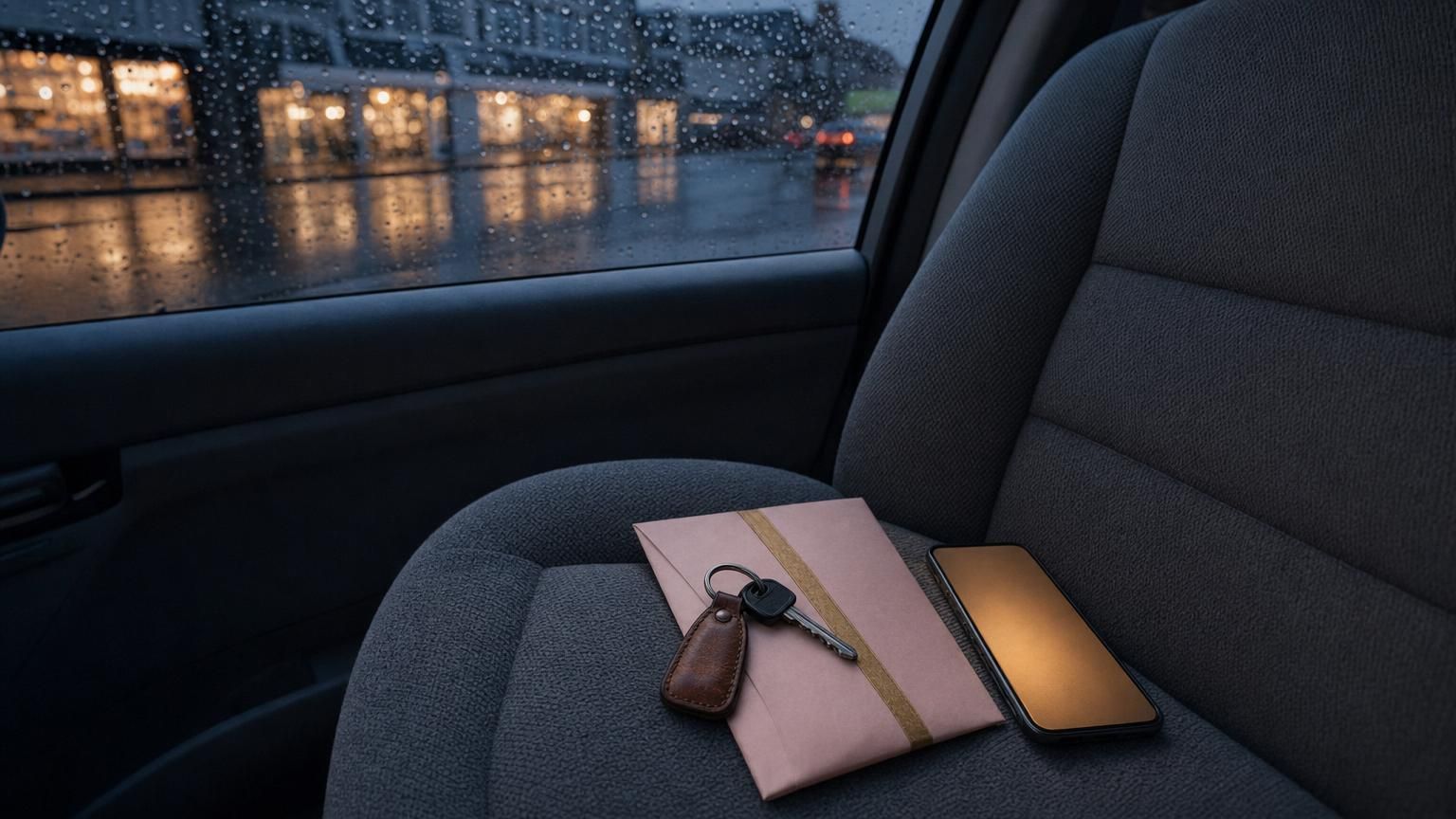 Cadeaubon, autosleutels en een telefoon op de passagiersstoel van een auto voor een salon op een regenachtige avond