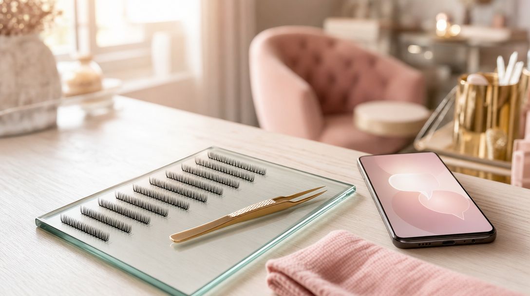 Wimperstyliste werkt aan een klant in een lichte salon terwijl haar telefoon met Instagram-notificaties naast haar ligt