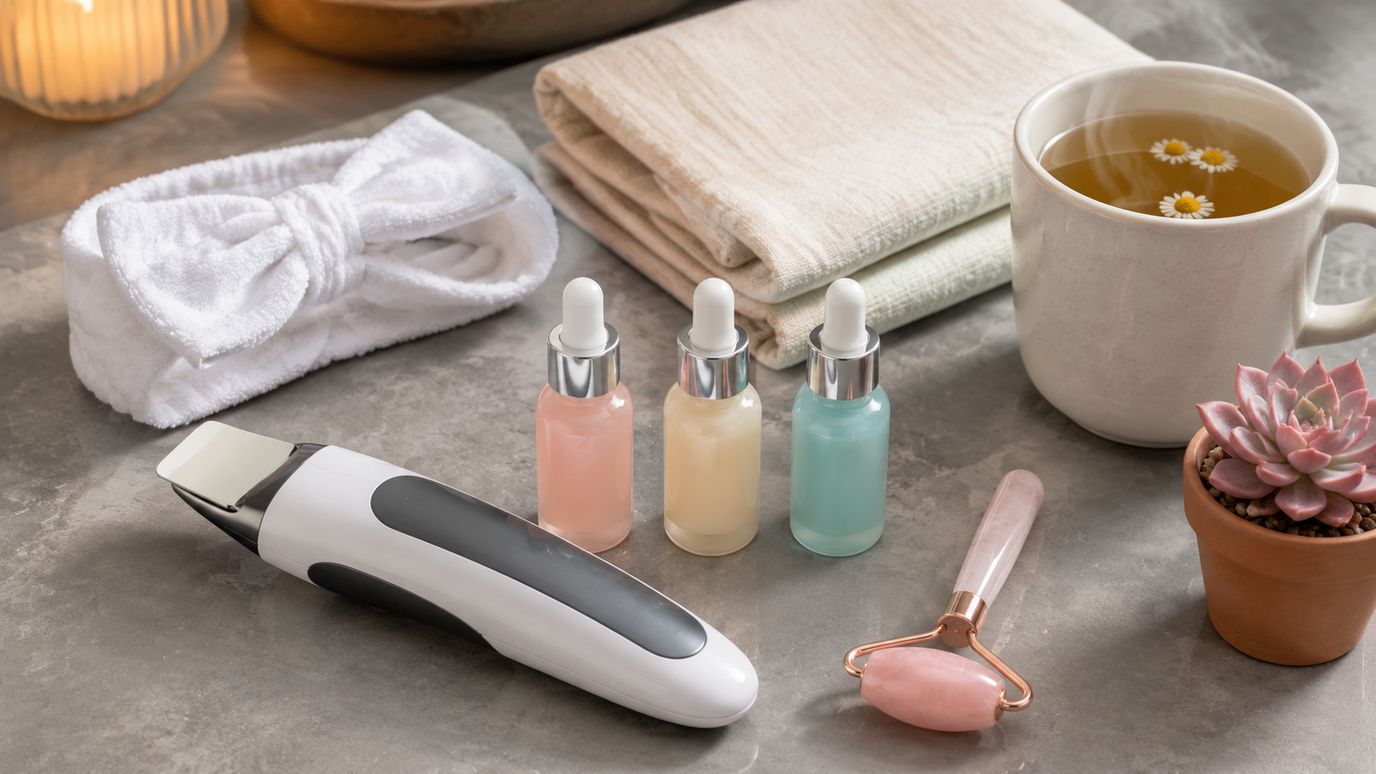 Salonruimte met Hydrafacial-machine, behandel-tafel met handdoeken en ceramische mok