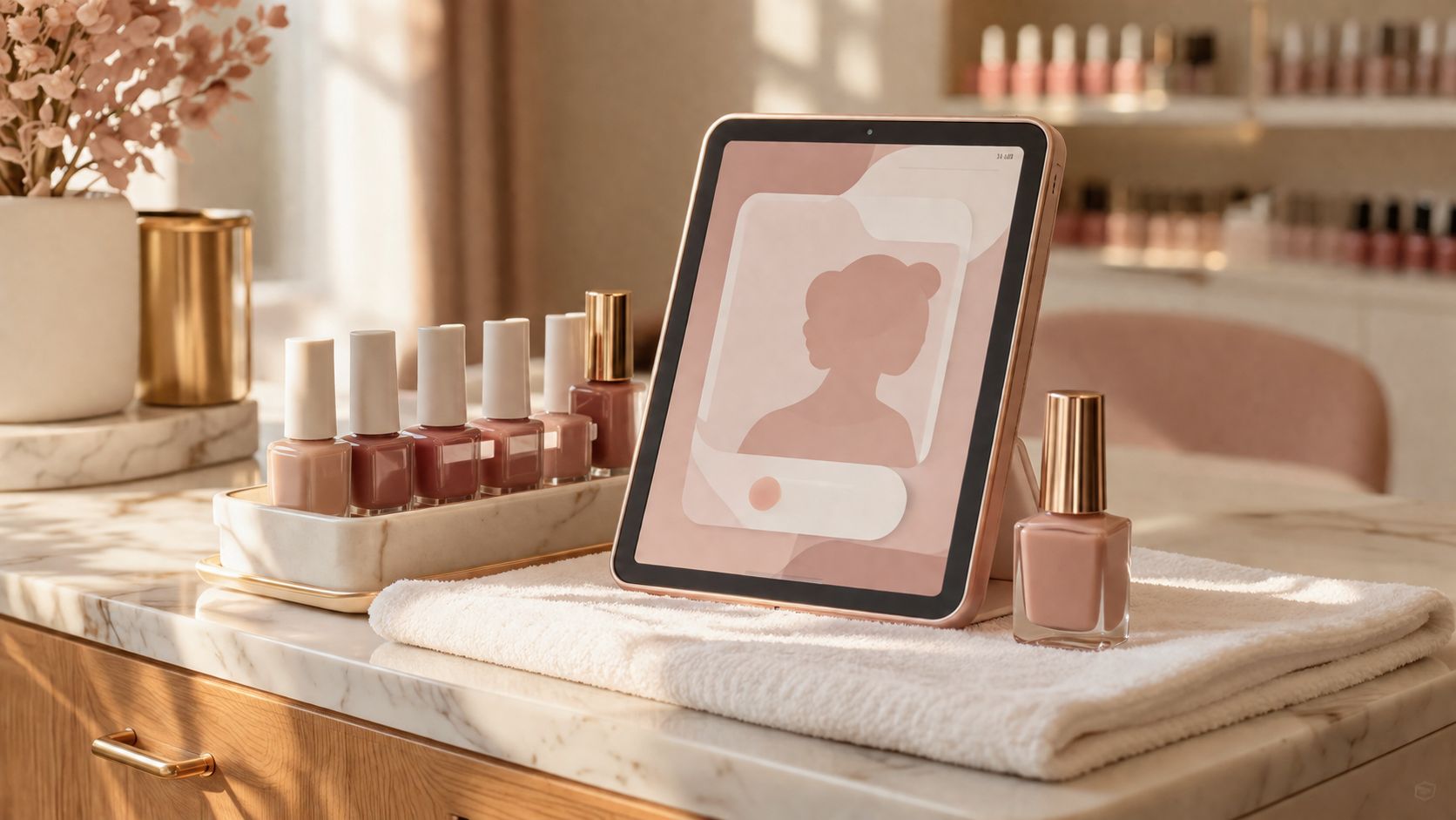 Nagelstyliste bekijkt op een tablet aan het nagelstation welke klantgroep de volgende afspraak is