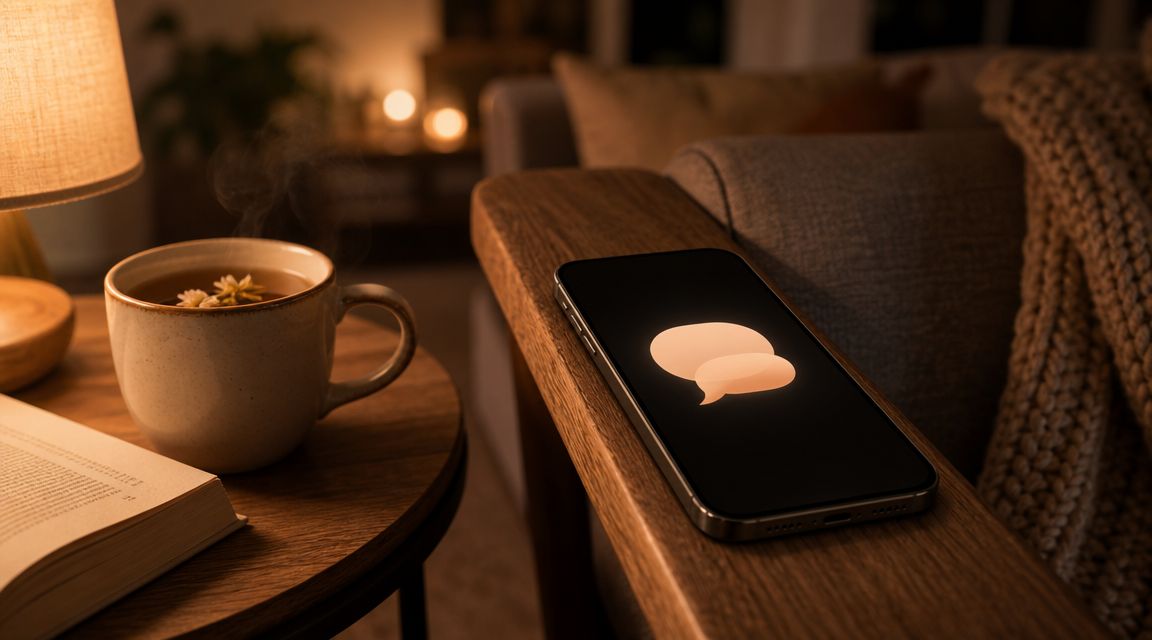 Smartphone op een bankleuning met een zachte chatmelding, een dampende kop thee en een opengeslagen boek in een huiskamer in de avond