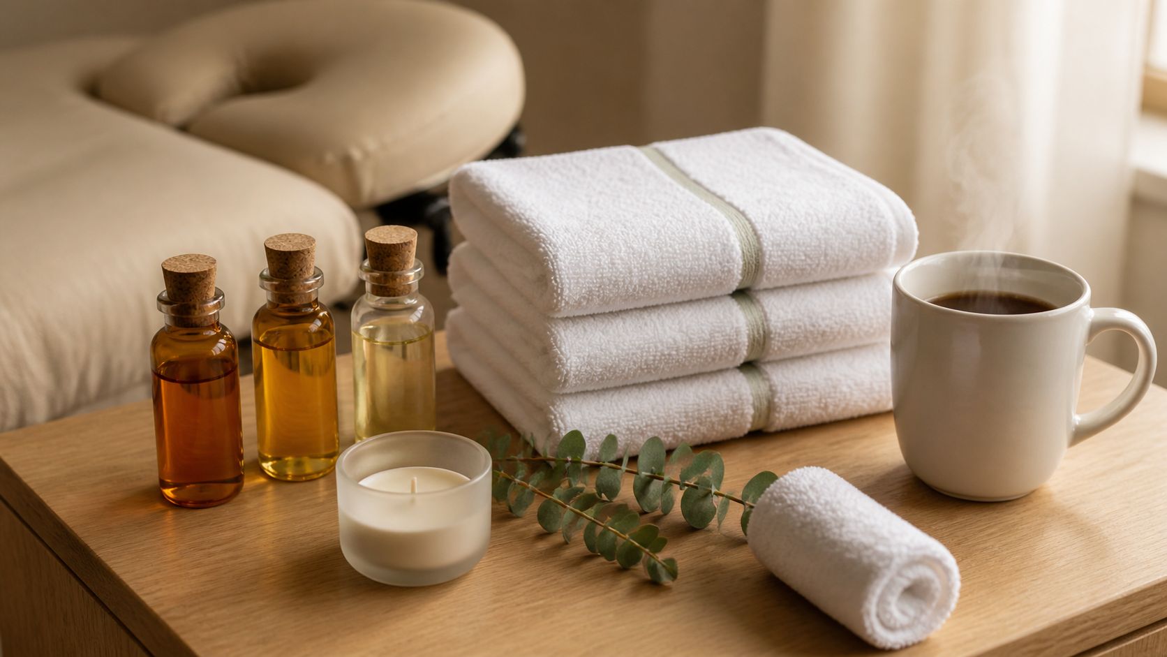 Werkbank van een beauty salon met massage-olie flesjes, handdoeken, planten, koffie