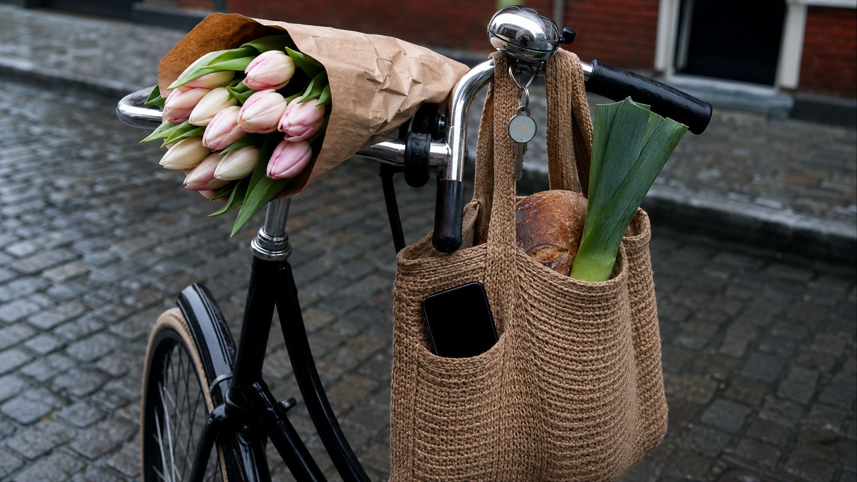 Tulpen in kraftpapier en een geweven markttas met prei en brood aan het stuur van een Nederlandse stadsfiets, met een telefoon met zwart scherm in het zijvak