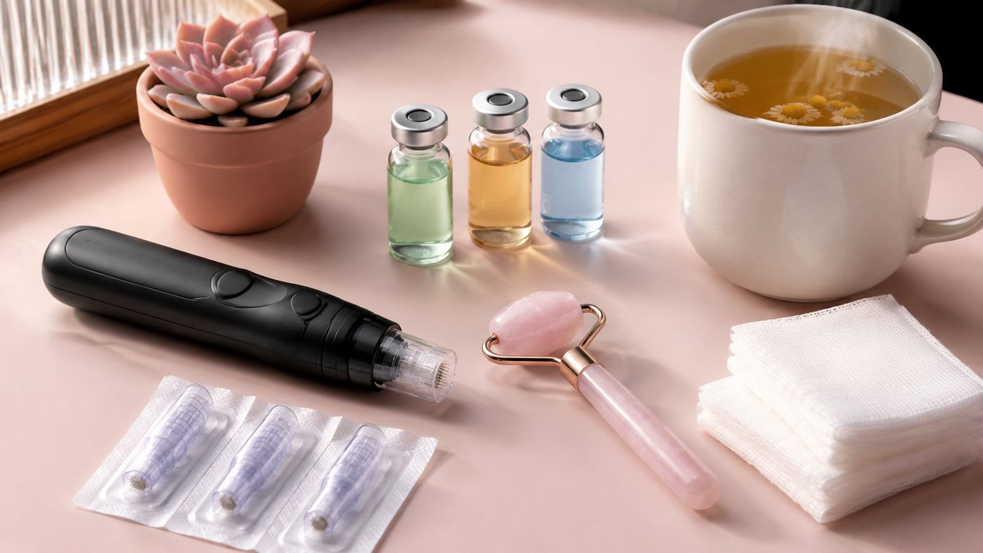Beauty salon werkbank met microneedling pen, glazen booster serum vials, behandelingsdoek en koffiemok