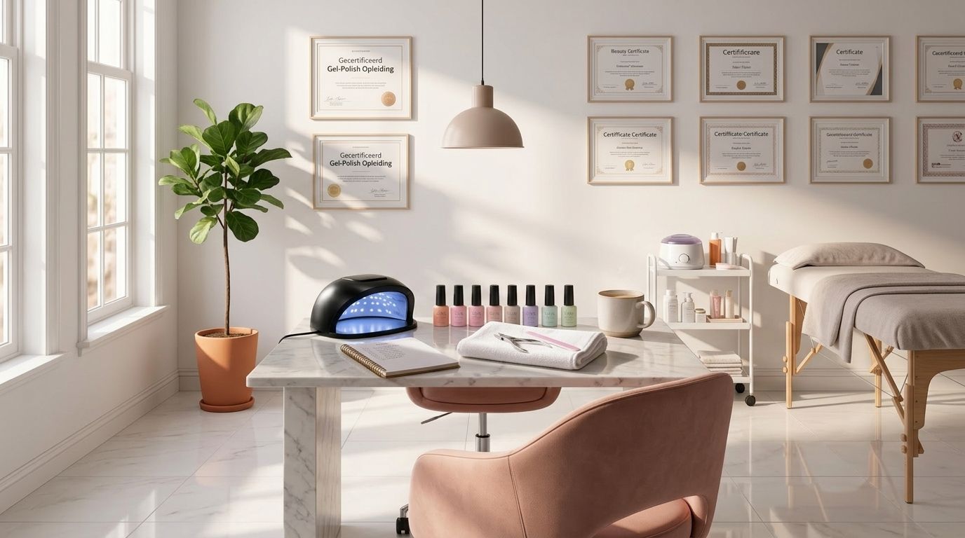 Werkbalie close-up: een rij gel-polish flesjes in pastelkleuren naast een opengeklapte LED-lamp, een gevouwen handdoek met een schone vijl, een glazen pot met steriele kniptang, een notitieboekje met handgeschreven kleurcodes, een ceramic mok met steaming koffie op een marmeren manicure-tafel, ochtendzon door een hoog raam
