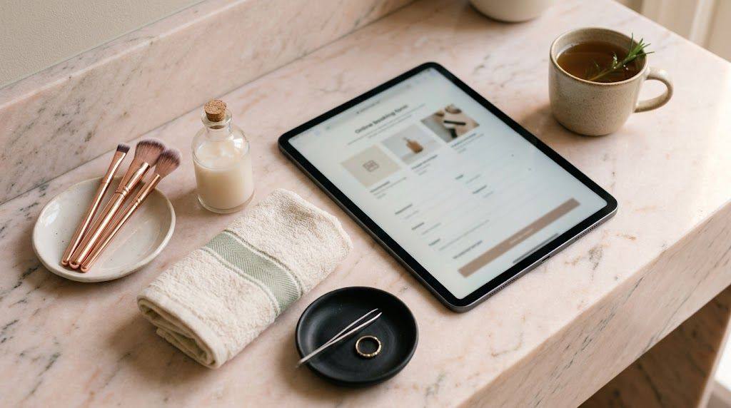 Werkbank van een Nederlandse beautysalon: een tablet met een schoon online-boekingsformulier op het scherm, een set borstels in een keramieken houder, een glazen flacon met heldere lotion, een gevouwen zachte witte handdoek en een kop kruidenthee in zacht ochtendlicht
