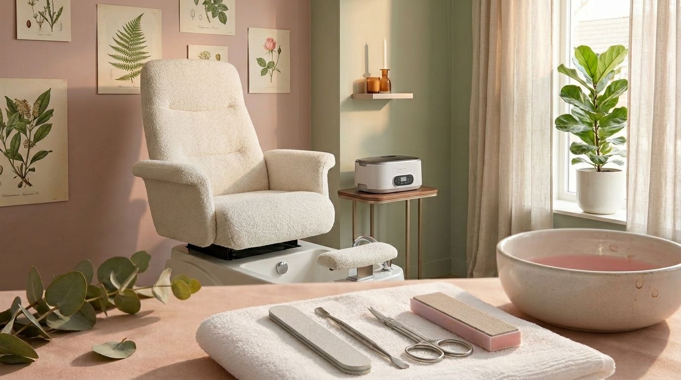 Pedicure-instrumenten op een witte handdoek met ontspannende voet-spa setting in een Nederlandse salon