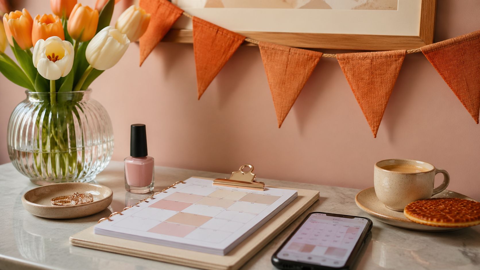 Smartphone op een beauty salon werkblad met behandelplanning, oranje Koningsdag-vlaggetjes, vaas met tulpen, espresso en stroopwafel