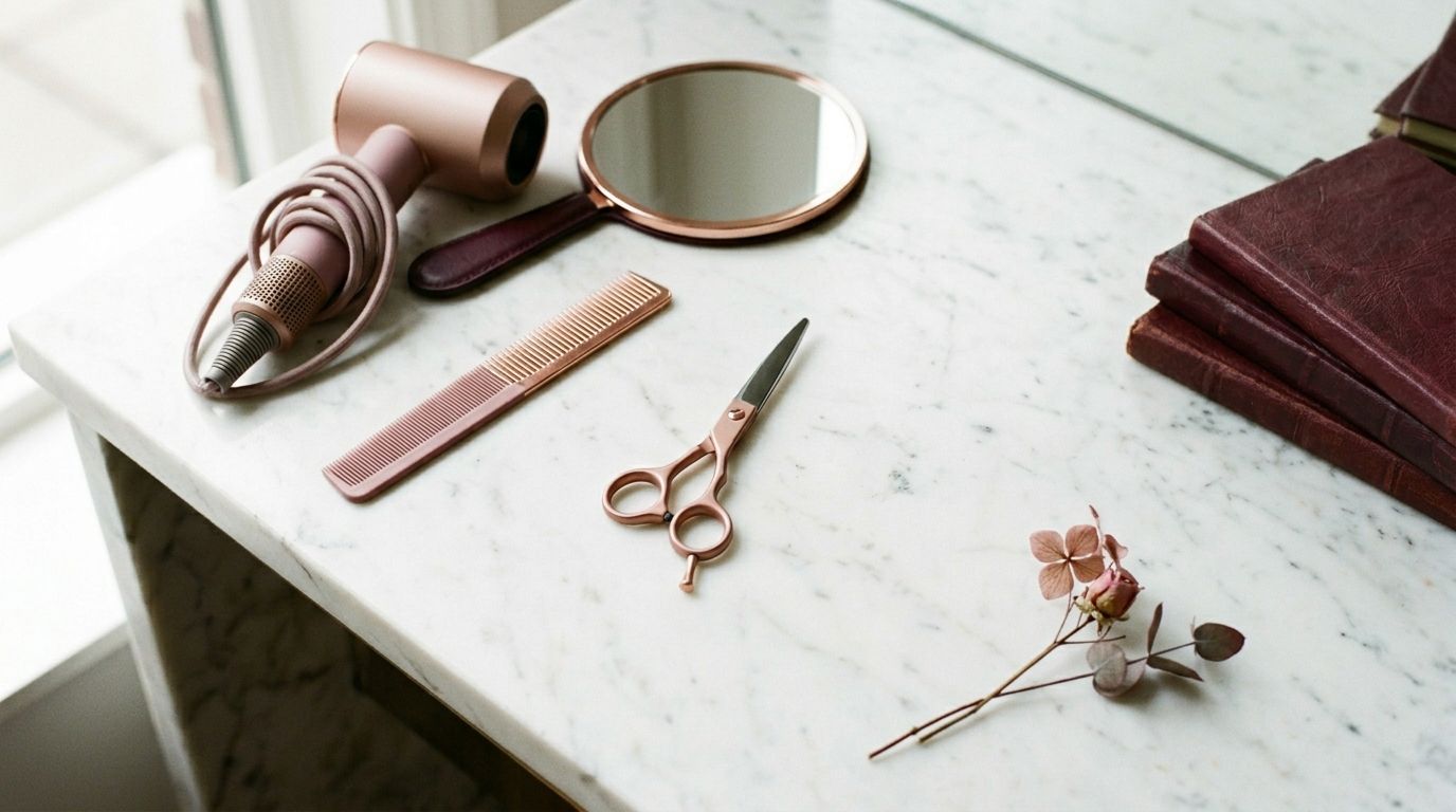 Werkstation van een salon met schaar, kam, föhn, handspiegel en een stapel leermappen voor nieuw personeel op een marmer aanrecht