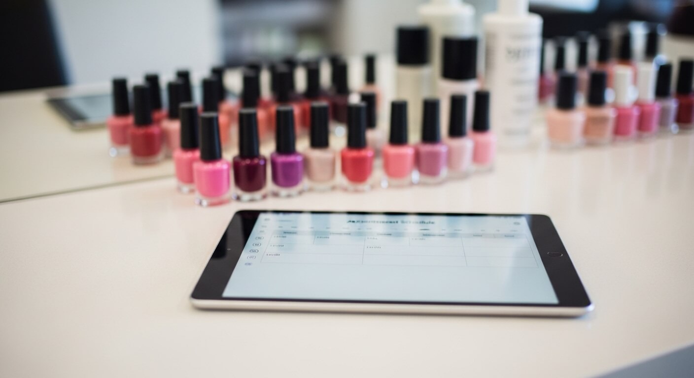 Tablet met afsprakenplanning naast nagellakflesjes