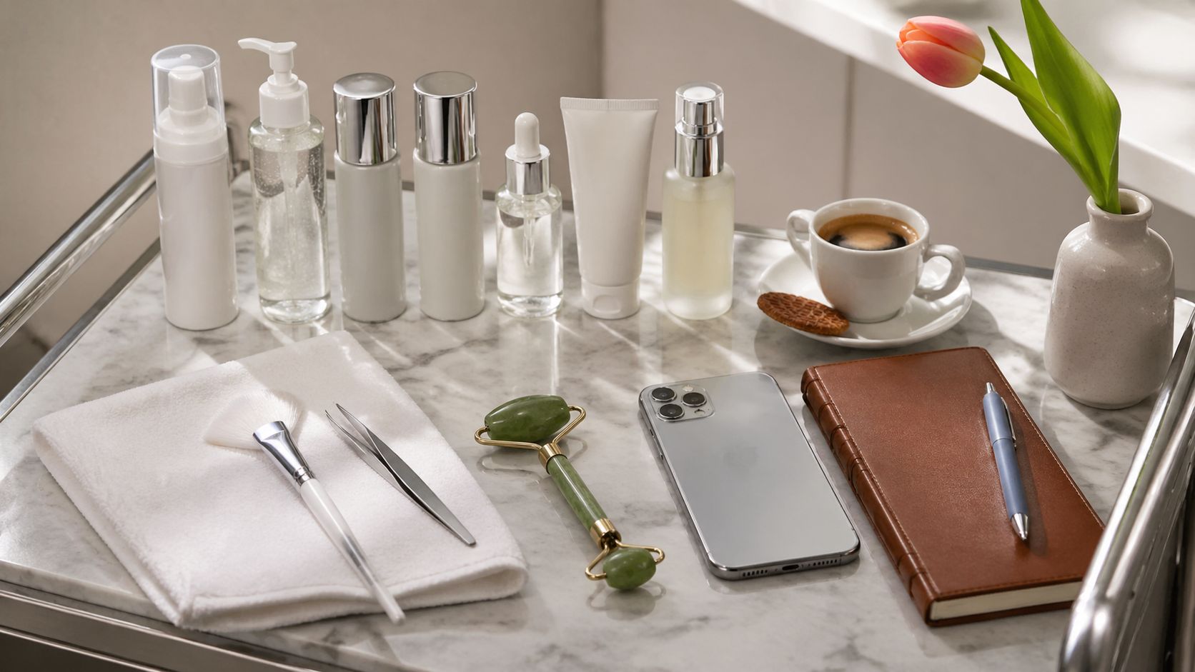 Beauty salon werkbalie close-up: cosmetica, kwasten, smartphone, koffiebeker en notitieblok in zacht daglicht