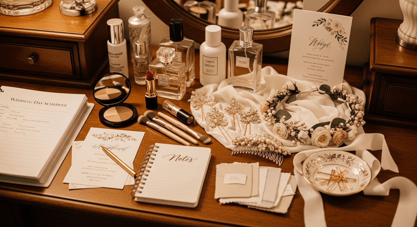 Bruidsbeautyproducten en haaraccessoires op een kaptafel