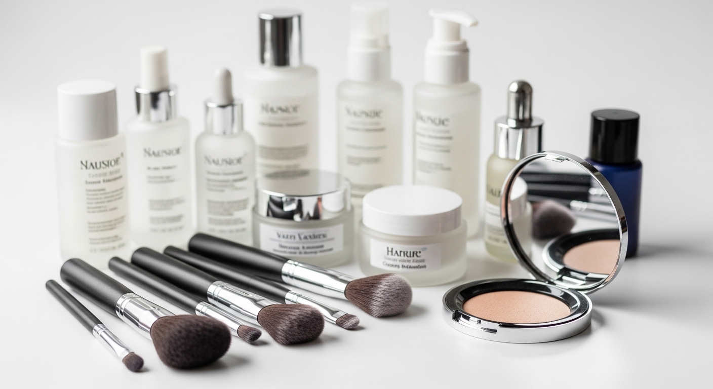 Cosmetische tools en huidverzorgingsproducten op een wit oppervlak