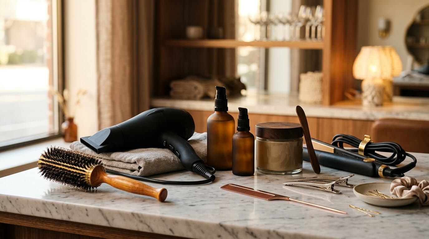 Salonproducten en styling tools op een balie