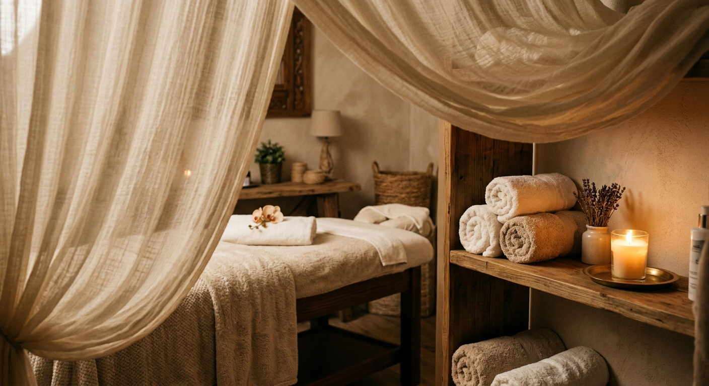 Intiem beautysalon interieur met behandelstoel en zachte verlichting