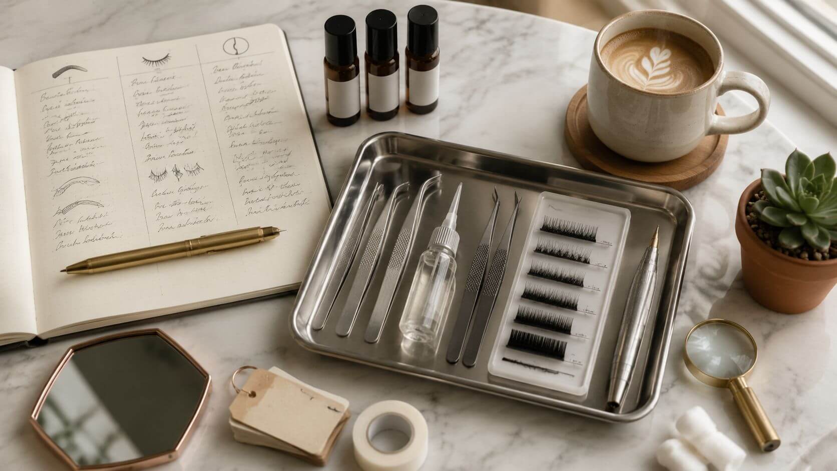 Beauty-salon brow + lash werkbank: pincet-set, lash-pads, brow lamination tubes en spiegel naast warm-licht-lamp en mok koffie