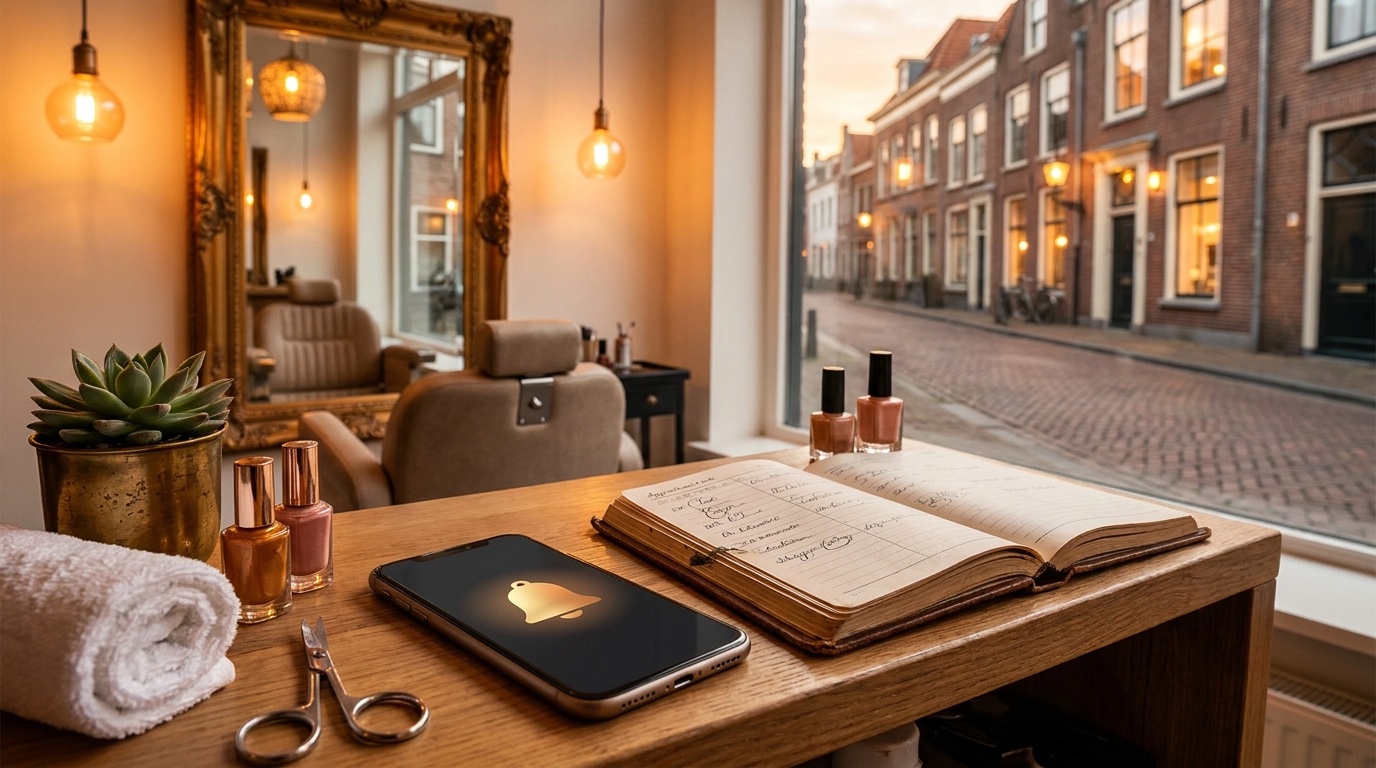 Smartphone op salon counter toont automatische herinnering — klant gaat de behandeling van morgen bevestigen