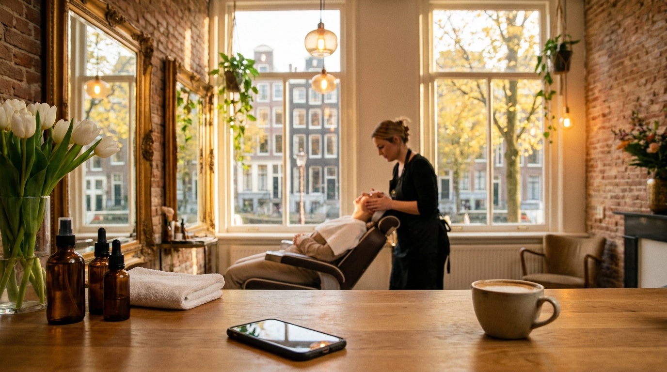Salon in volle gang — specialist behandelt klant terwijl het workflow-automatisering systeem op de achtergrond alle communicatie afhandelt