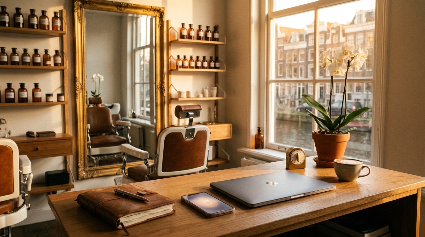 Workflow automatisering voor salons — receptiebalie met laptop, smartphone en afsprakenboek terwijl de salon op de achtergrond draait