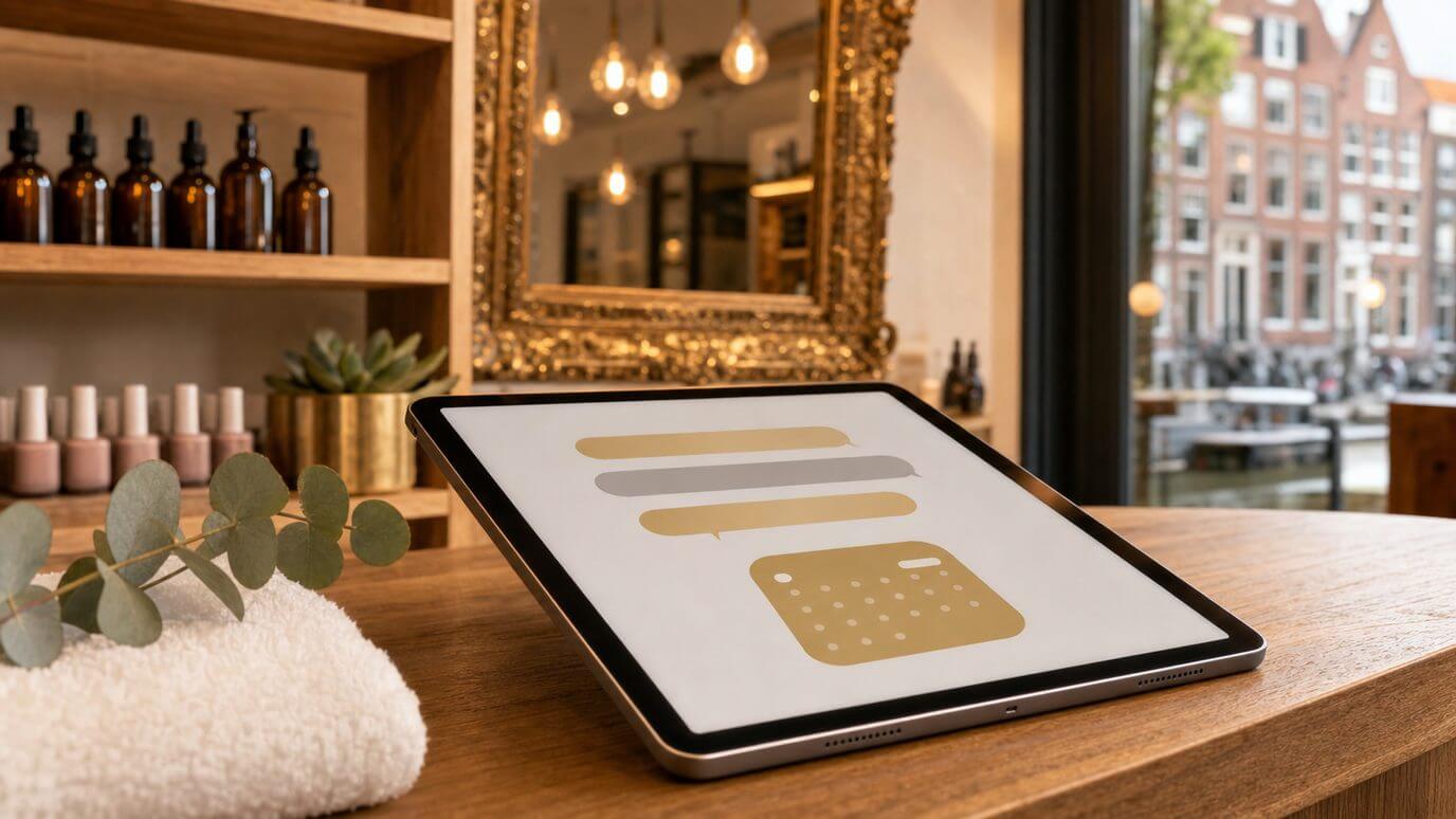 Website-chatbot van een salon op een telefoon aan de balie