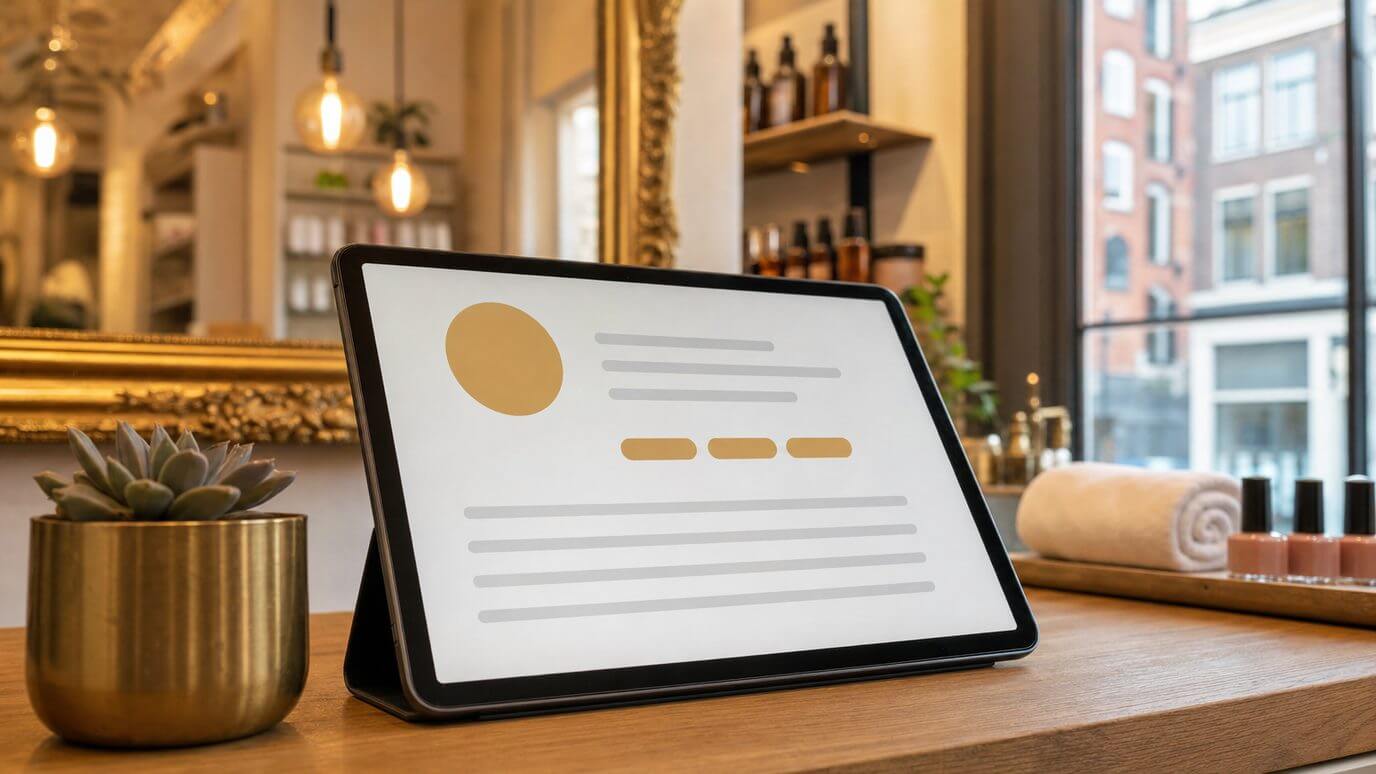 Klantprofiel met volledige behandelhistorie op een tablet in de salon