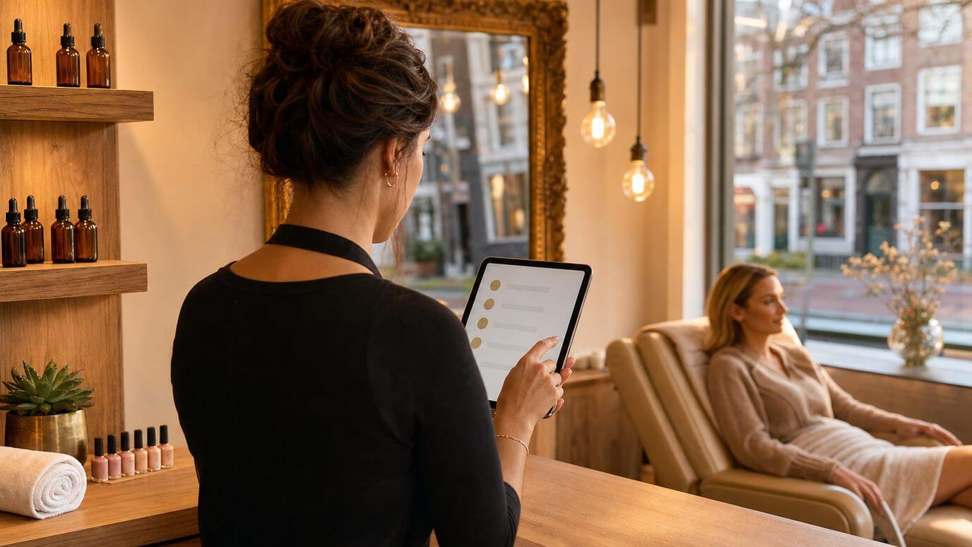 Saloneigenaar werkt het klantprofiel bij op een tablet