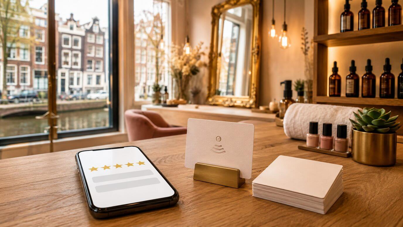 NFC review-kaartje en telefoon met een 5-sterren review op de balie van een beautysalon