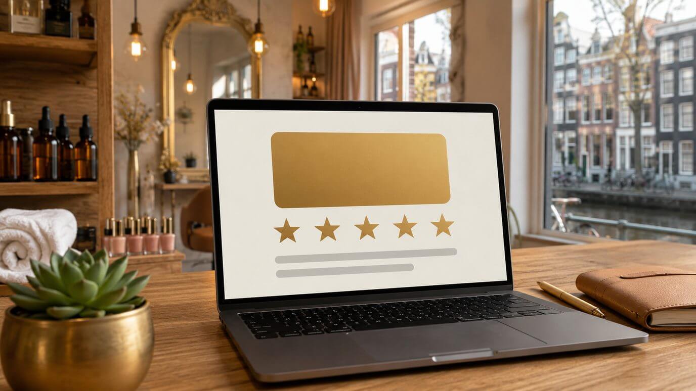 Laptop met een review-kaart en vijf sterren op de balie van een beautysalon