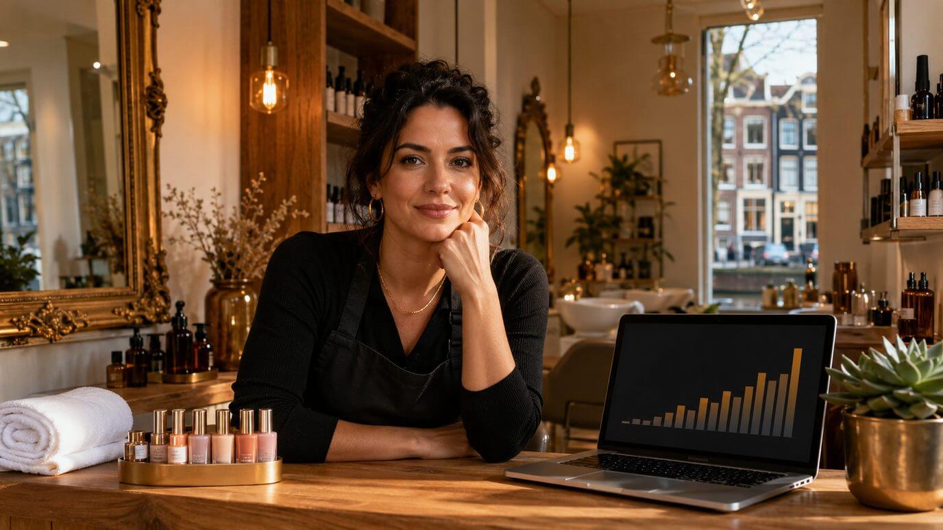 Saloneigenaar bekijkt de groei van haar reviews op een laptop