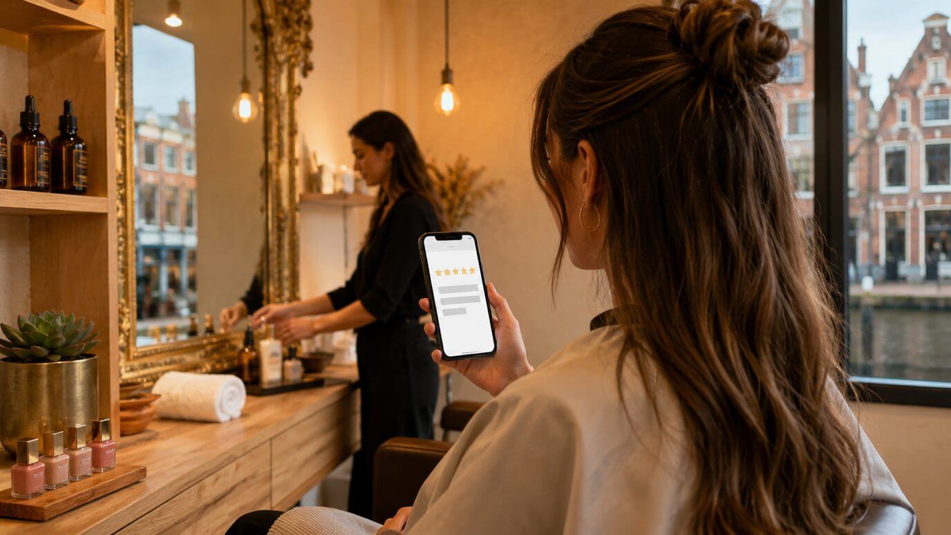 Klant laat vanuit de salonstoel een 5-sterren review achter op haar telefoon
