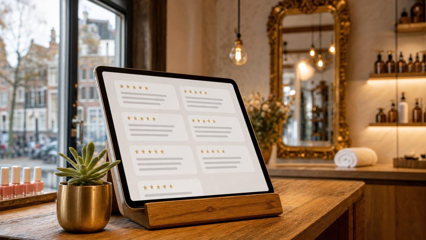 Overzicht van binnengekomen 5-sterren reviews op een tablet in de salon