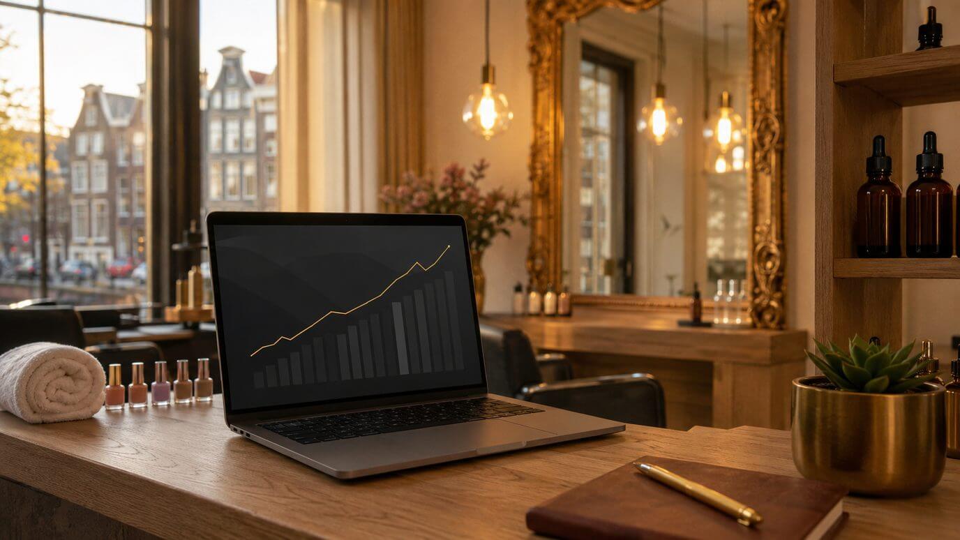 SEO voor salons — Google-ranking dashboard op een laptop aan de salonbalie