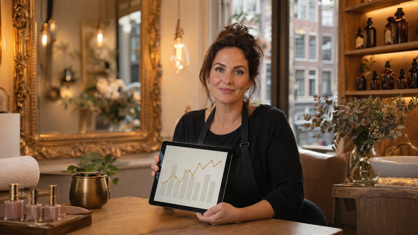 Saloneigenaar bekijkt haar stijgende Google-posities op een tablet